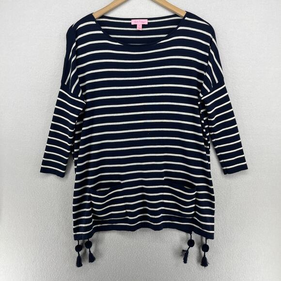 LILLY PULITZER Sweater XS Elba Striped Oversized Poncho Tassel 3/4 Sleeve Blue - Picture 1 of 16